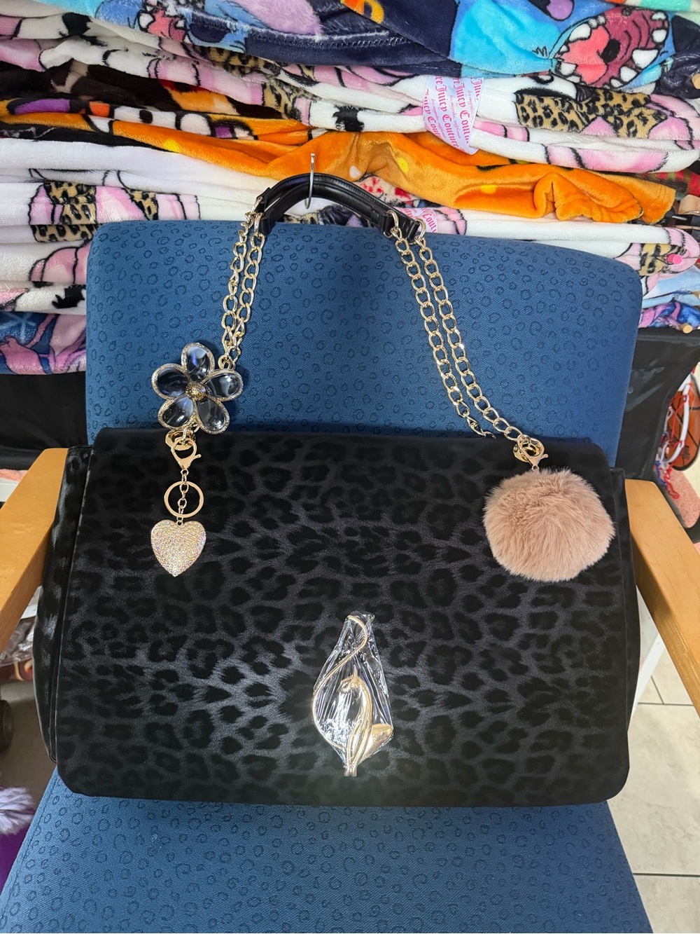 Baby phat Black Leopard Print oversize large with Gold Chain and Charms